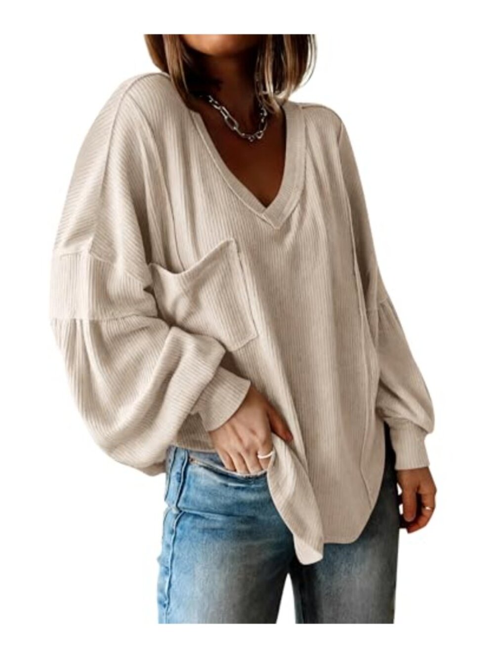 Ribbed Waffle Knit V Neck Long Sleeve Balloon Sleeve Tunic Top Oversized